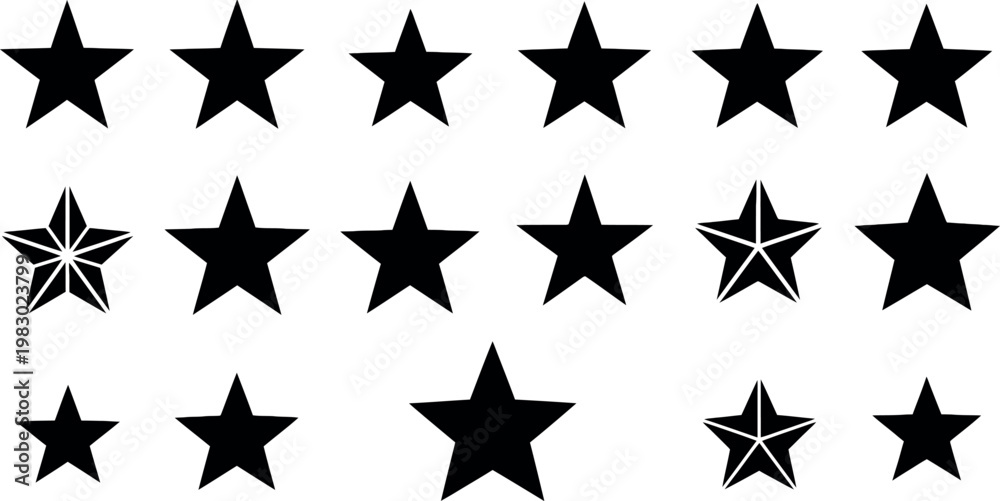 Fototapeta premium Set of 20 Black Star Icons in Various Styles, Decorative Star Shapes for Rating, Awards, and Design Graphics