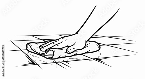 Hand wiping wet floor with a cloth, reflecting light