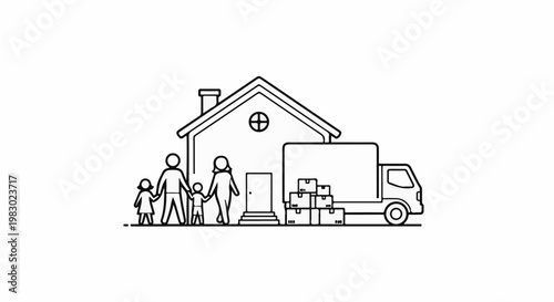 Family with house, moving truck, and boxes