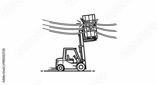 Forklift lifting a pallet, dangerously close to overhead power lines