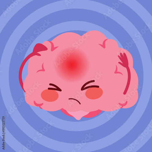 Cartoon vector illustration of a brain mascot suffering headache with circular motion background representing dizziness and mental discomfort