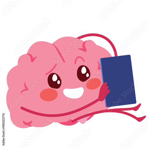Cartoon vector illustration of a relaxed brain using smartphone representing procrastination, distraction and digital habits
