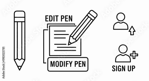 Icons pencil, document with pencil, and user profile with upload and plus signs