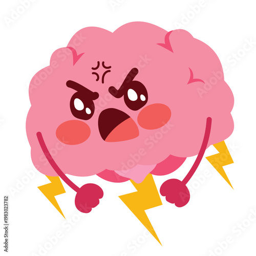 Cartoon vector illustration of a brain with dark cloud and lightning representing negative emotions, stress and mental struggle