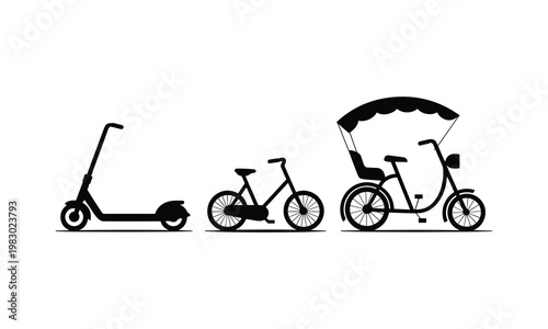 Vector bicycle, scooter, tricycle icons, black and white transportation symbols, eco friendly vehicles