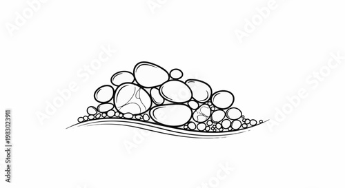Outline of smooth, rounded stones and small bubbles over a wavy line