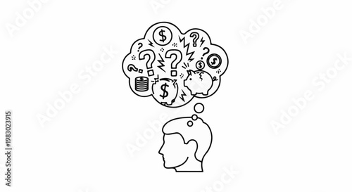 Outline of a head in profile with a thought bubble containing money symbols