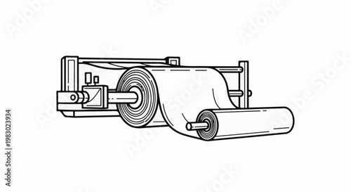 Industrial machine processing a large roll of fabric onto a smaller one