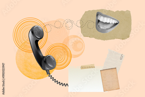 Collage of a smiling mouth and a phone on a pink background with papers, lines and circles
