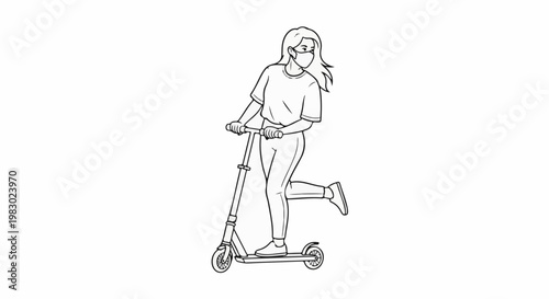 Line drawing of a masked person riding a scooter with one leg extended