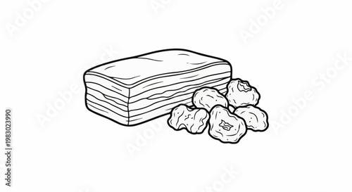 Rectangular food item next to a pile of dried fruits, line art
