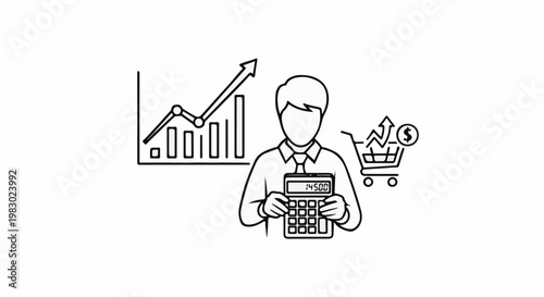 Person with calculator, graph, and shopping cart with rising dollar