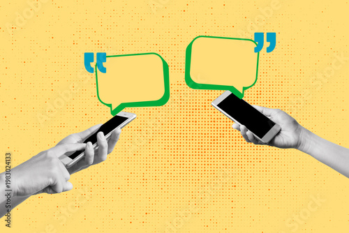 Collage of women hands holding smartphones and two blank speech bubbles on a yellow background with black dots