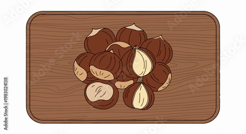 A pile of brown nuts with split shells sits on a wooden cutting board