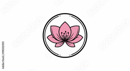 A simple, elegant pink lotus flower illustration within a circular frame