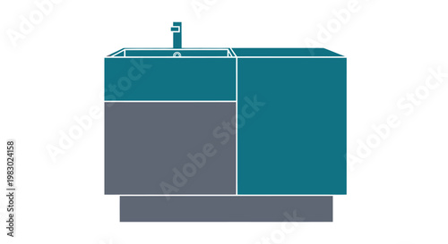 Modern minimalist sink cabinet with faucet in flat design style.