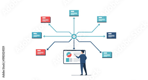 Businessman managing digital workflow and data distribution on a dashboard