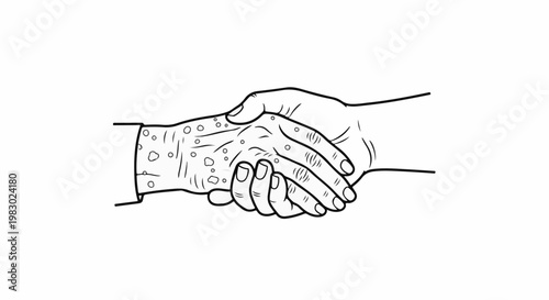 Line art of two hands shaking, one with dots