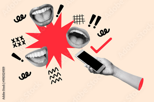 Collage of a woman hand holding a smartphone and three open mouths on a pink background with lines sign and a red star