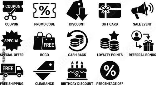Black vector icons of shopping discounts and offers on white background