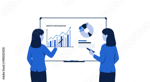 Businesswomen analyzing a growth infographic on a whiteboard during a professional presentation.