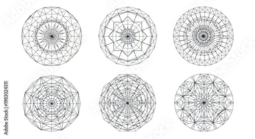 Set of abstract circular geometric mandala wireframe patterns on white background
