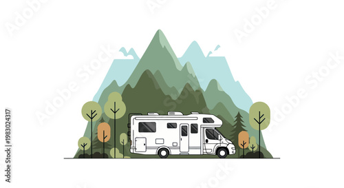 Minimalist flat vector illustration of a camper van in a mountain landscape.