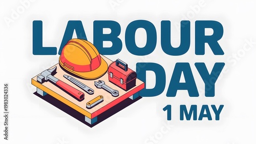 
Happy Labour Day 1 May with 3D worker safety hard hat, hammer, and wrench. Concept for International Workers' Day celebration and construction industry.