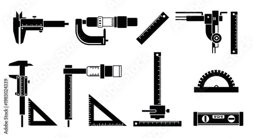 Set of black silhouettes of precision measuring tools and engineering instruments.