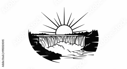 Stylized sunrise over a cascading waterfall with rocky outlines