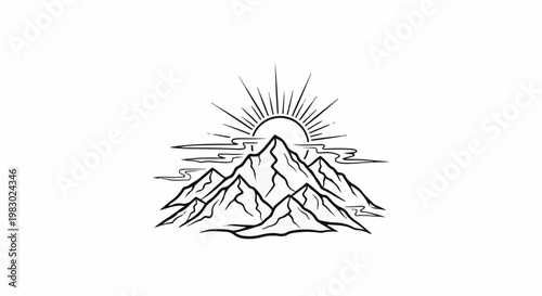 Stylized sun cresting over jagged mountain peaks with wispy clouds