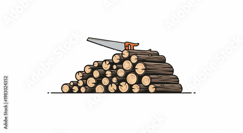 A pile of logs with a saw resting on top