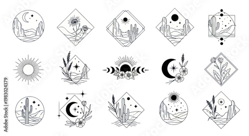Bohemian desert landscape icons with moon, sun, cacti and flowers.