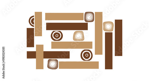 Abstract wood pattern with geometric timber planks and tree ring cross sections
