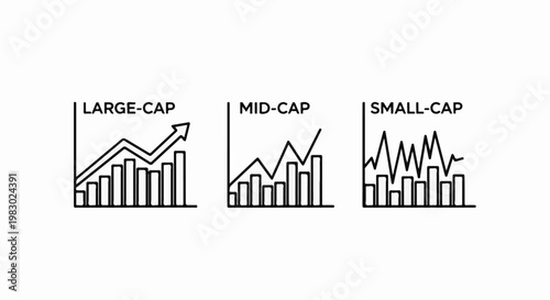 Three charts illustrating market capitalization trends with ascending, fluctuating, and volatile lines
