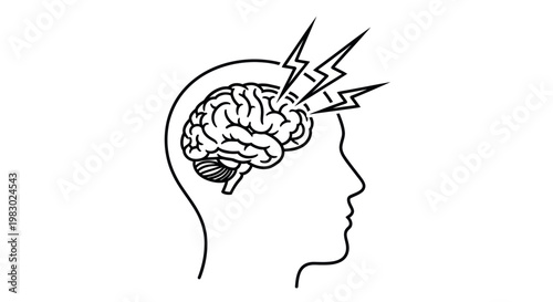 Human head with brain and lightning bolts symbolizing headache or mental stress.