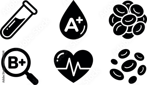 Black and white blood test tube a and b plus blood cells heart pulse vector art