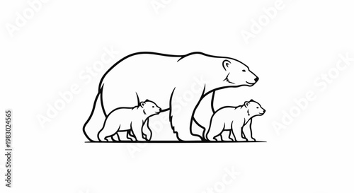 A parent bear walks with two cubs in a simple black and white outline