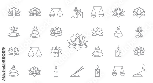 A collection of spa and wellness line icons for relaxation and balance