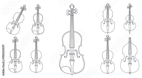 Set of various string instruments line icons, isolated on white background