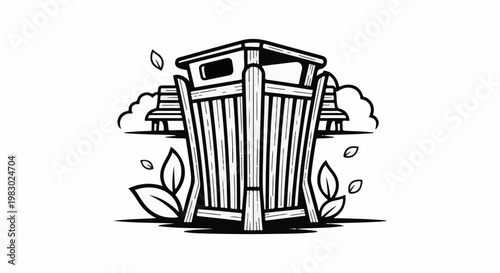 A park scene with a trash can, benches, and leaves