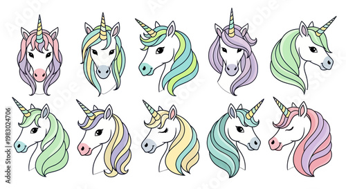 Collection of cute pastel unicorn heads.