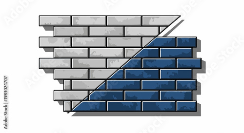 A partially rendered brick wall section, divided diagonally by color