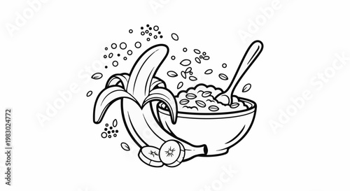 A peeled banana rests beside a bowl of cereal with a spoon