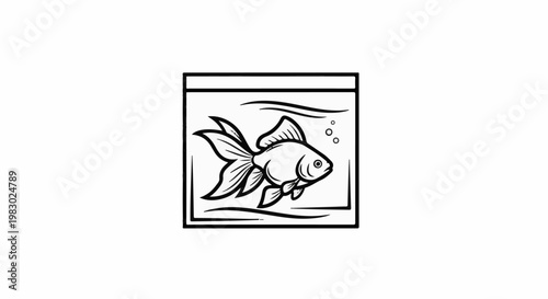 Simple line drawing of a goldfish swimming in a rectangular aquarium with bubbles