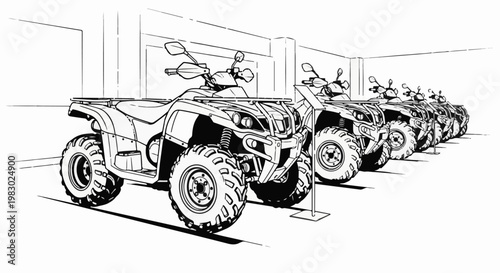 A line of all-terrain vehicles parked indoors