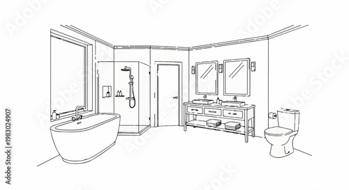 A minimalist line drawing depicts a spacious, modern bathroom with a tub and double vanity
