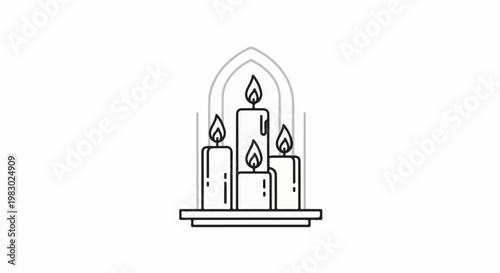 A minimalist depiction of four lit candles enclosed within an arched frame