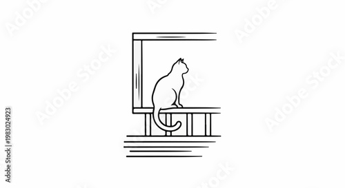 A minimalist line drawing of a cat sitting on a railing