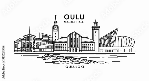 A minimalist black and white line drawing of a city skyline with buildings and water